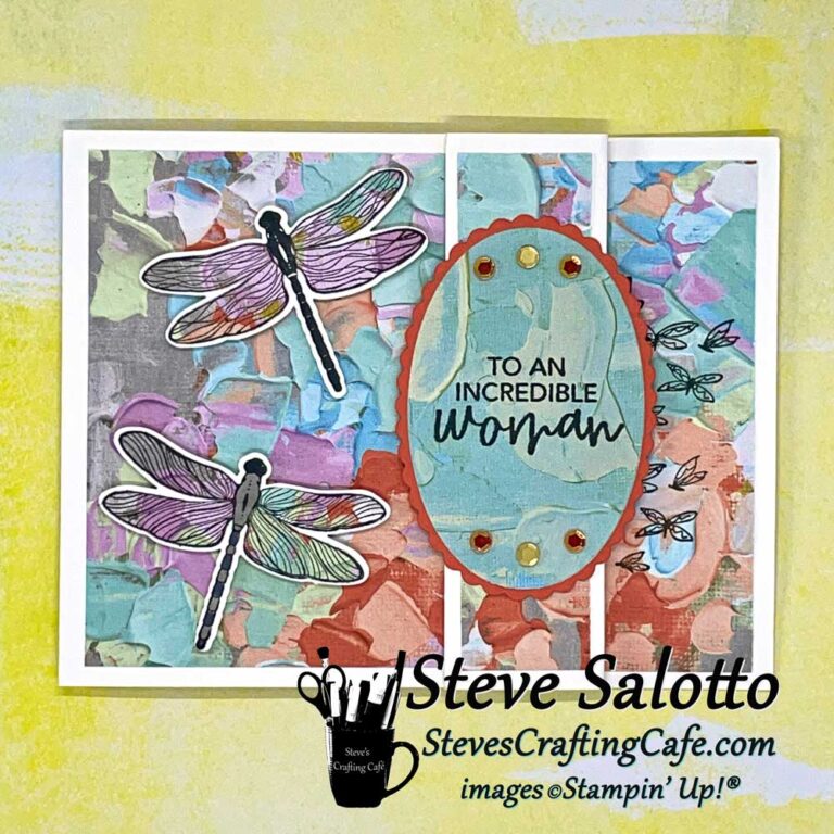 A greeting card with a pair of dragonflies over a paint-splattered background. A sentiment in an oval cut out reads, "To an incredible woman."