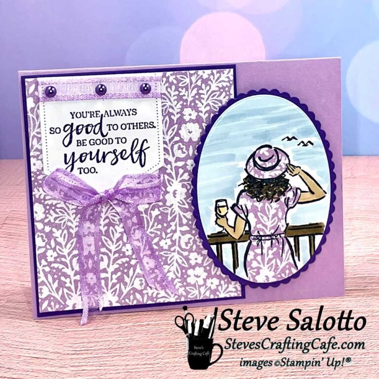 A purple card with a woman staring away toward the sky in the background and a sentiment that says, "You're always so good to others, be good to yourself too." Pink and white paper on the card matches the woman's hat and dress.