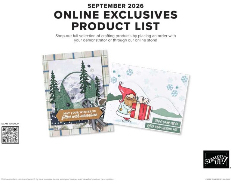 Two Christmas cards sit above the text September 2026 Online Exclusives Product List.