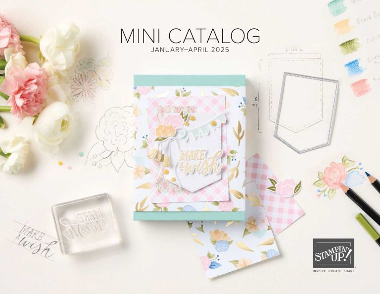 A pastel-colored card reads "Make a Wish." It is surrounded by white flowers and other card making supplies. Text at top reads, "Mini Catalog January - April 2025."