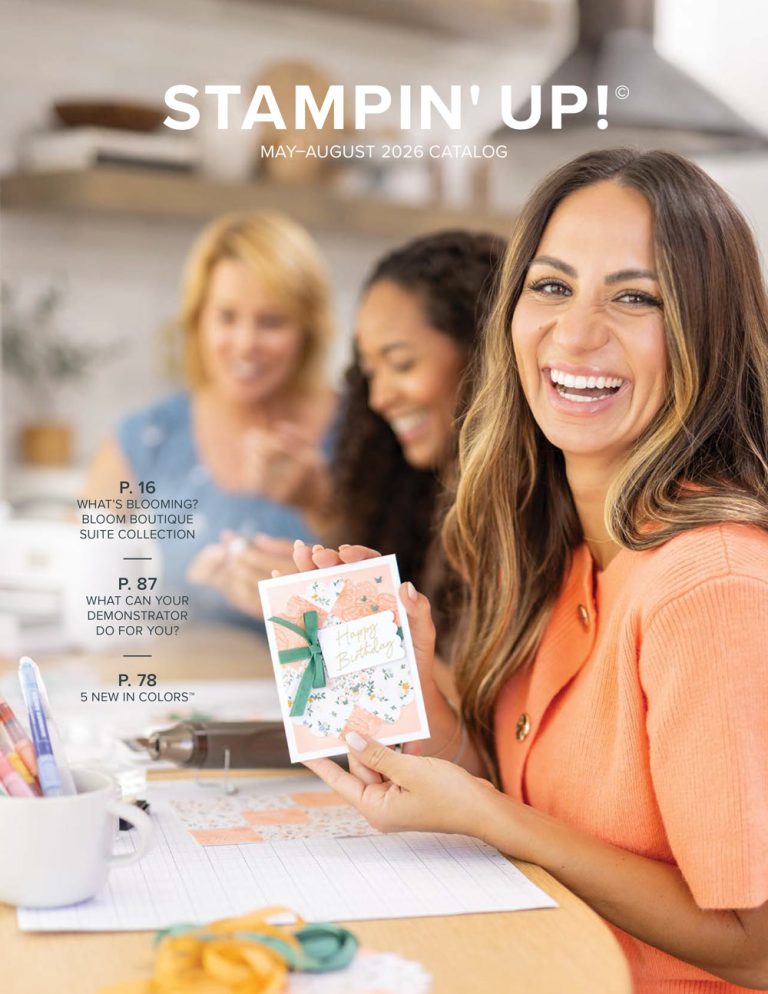 A smiling woman holds up a handmade card under text that reads, "Stampin' Up! May - August 2026 Catalog"