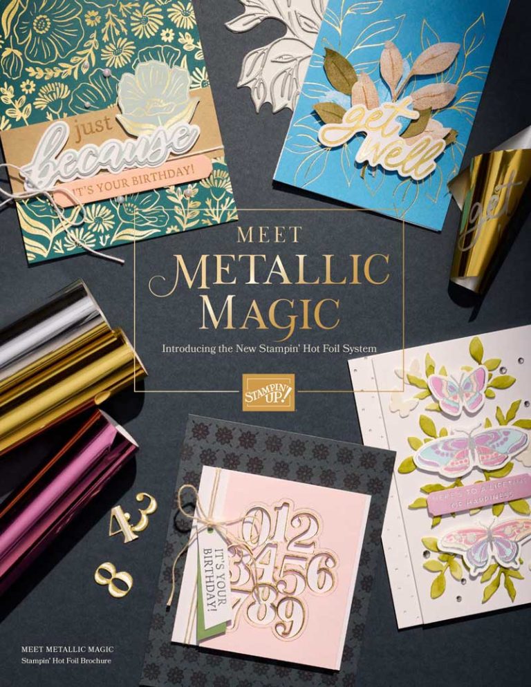 Various greeting cards with foil accents on them surround the text, "Meet Metallic Magic"