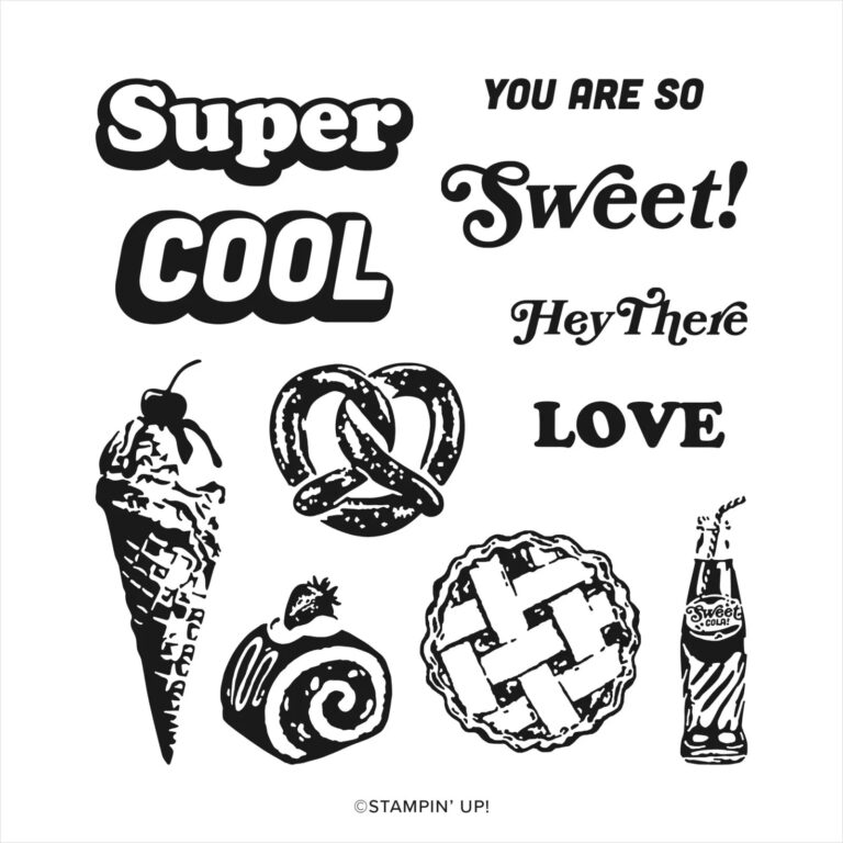 Black and white images of an ice cream cone, pretzel, apple pie, soda bottle and cream cake along with words super, cool, love, sweet, , hey there, and you are so.