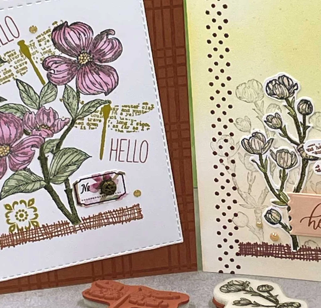 Two cards with collage images of dogwood flowers and dragonflies.