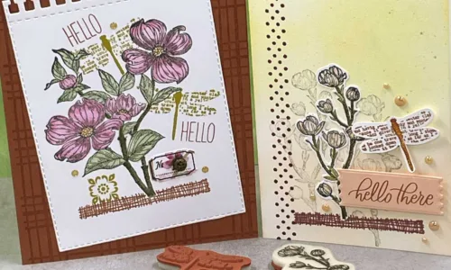 Two cards with collage images of dogwood flowers and dragonflies.