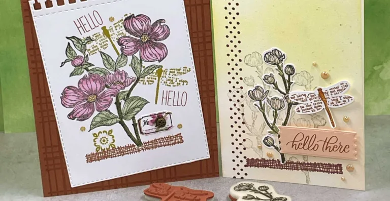 Two cards with collage images of dogwood flowers and dragonflies.