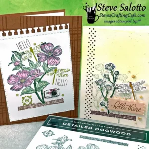 Two greeting cards with dogwood flowers on them and images of dragonflies and "hello" sentiments.