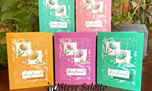 Five greeting cards that say "Dear Friend" and have flowers on them with the exact same design but in different colors.