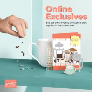 "Online Exclusives" is written above a greeting card with a French press and coffee cup on it.