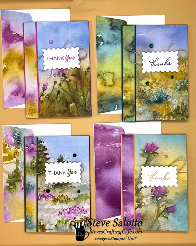 Four thank you cards with landscape paintings on them.