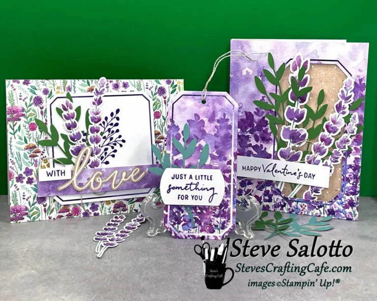 Two cards and a tag, all in shades of purple.