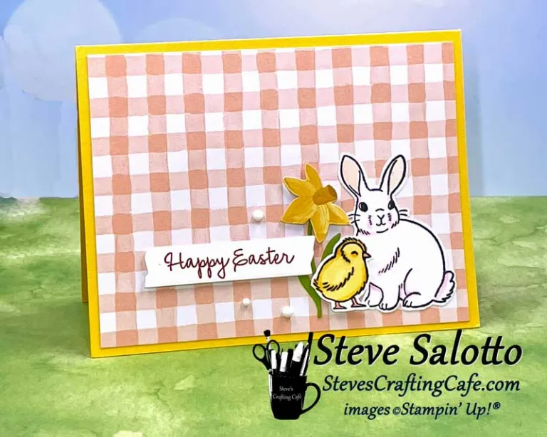 A yellow Happy Easter card with a bunny and chick against a gingham background.