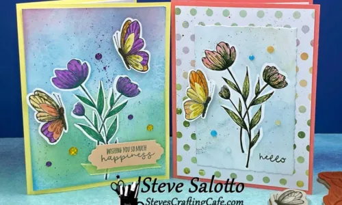 Two greeting cards with artistic flowers and butterflies on them. One says "Wishing you so much happiness" and the other says "hello."