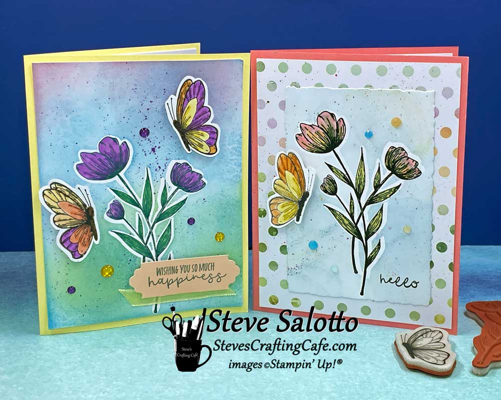 Two greeting cards with artistic flowers and butterflies on them. One says "Wishing you so much happiness" and the other says "hello."