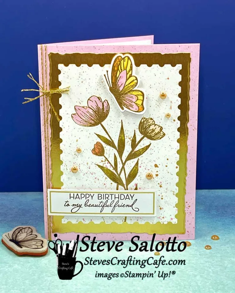 A birthday card with flowers and a butterfly outlined in gold.