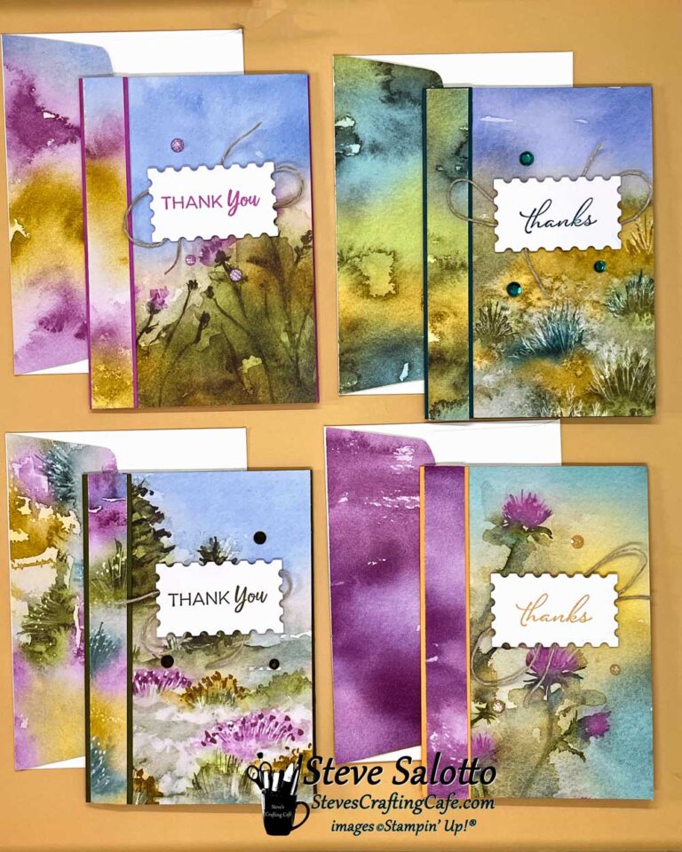 Four thank you cards with watercolor landscapes on them.