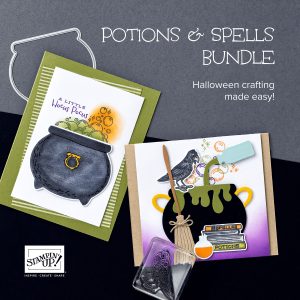 Cards with Halloween images on them including cauldrons, and a title that reads, "Potions & Spells Bundle. Halloween Crafting Made Easy"