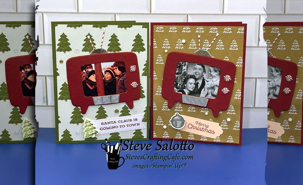 Two Christmas cards with television set die cuts on them. One shows "A Christmas Story" and the other shows "It's a Wonderful Life."