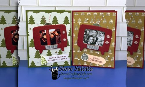 Two Christmas cards with television set die cuts on them. One shows "A Christmas Story" and the other shows "It's a Wonderful Life."