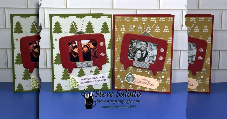 Two Christmas cards with television set die cuts on them. One shows "A Christmas Story" and the other shows "It's a Wonderful Life."