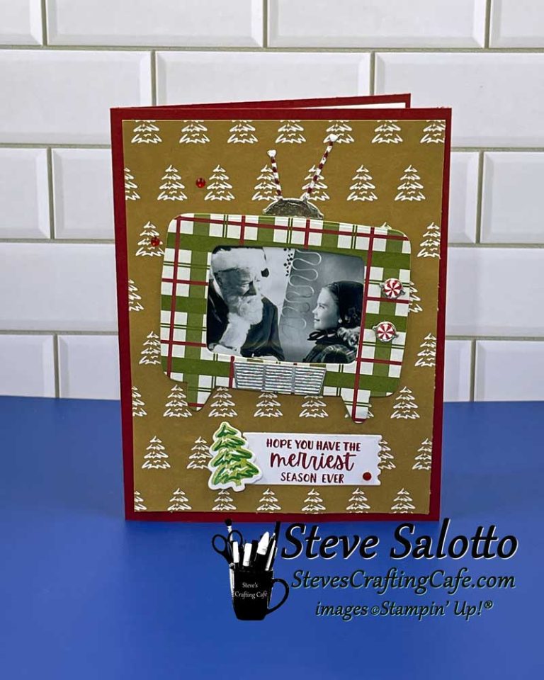 A christmas card with a die cut television showing the original "Miracle on 34th Street" above a sentiment reading, "Hope you have the merriest season ever."