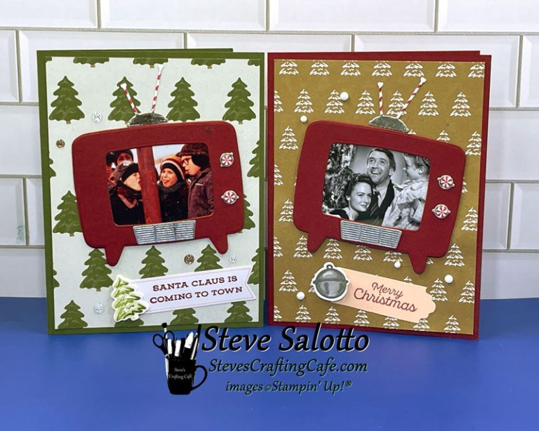 Two Christmas cards with television set die cuts on them. One shows "A Christmas Story" and the other shows "It's a Wonderful Life."