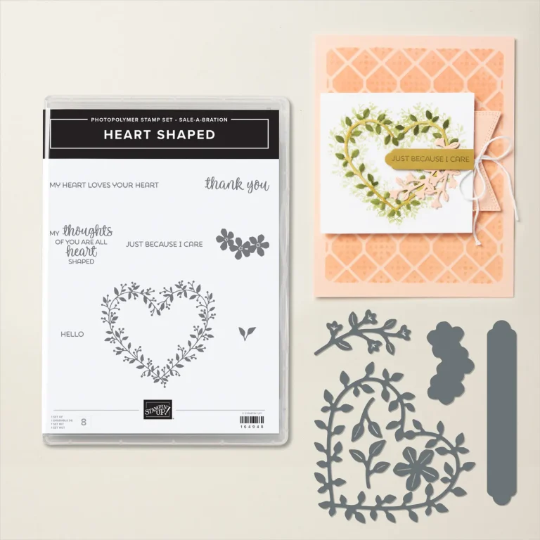 A stamp set with a big heart made of foliage and sentiments such as "My Heart Loves Your Heart."