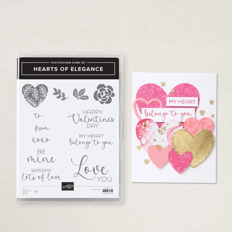 A stamp set with heart images and sentiments such as "Happy Valentine's Day" and "Love You". A card is next to it with numerous hearts on it.