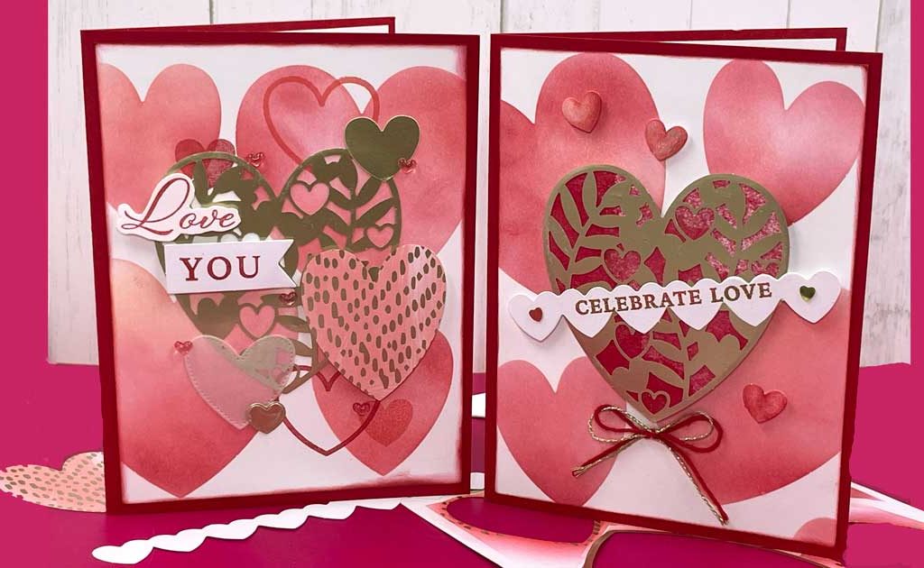 Two red, pink, and gold Valentine's Day cards with various hearts on them and sentiments that read "Love You" and "Celebrate Love"