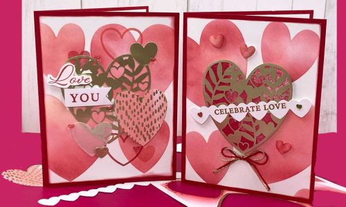 Two red, pink, and gold Valentine's Day cards with various hearts on them and sentiments that read "Love You" and "Celebrate Love"