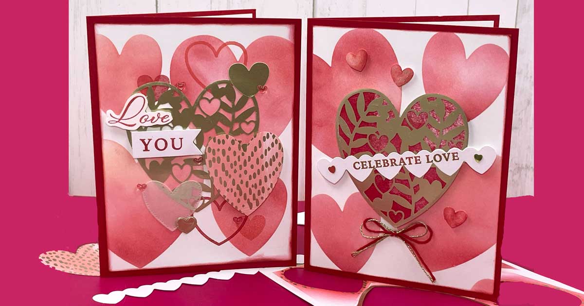 Two red, pink, and gold Valentine's Day cards with various hearts on them and sentiments that read "Love You" and "Celebrate Love"