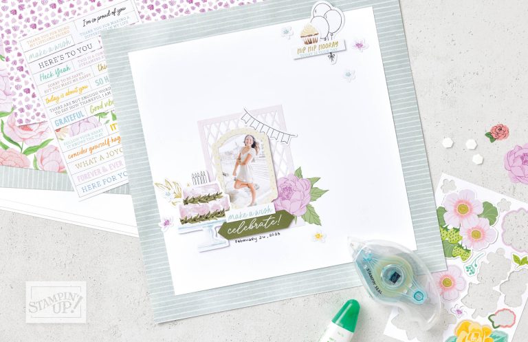 A scrapbook page shows a young woman posing and a die cut cake. Writing on the page reads, "Make a Wish. Celebrate," and "Hip Hip Hooray, It's Your Day."