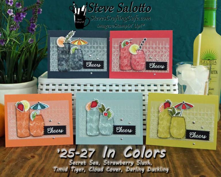 Five matching greeting cards in various colors and the sentiment, "Cheers!"