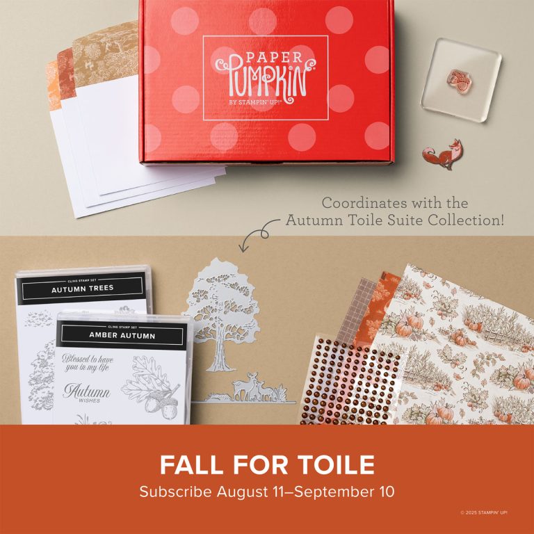 An orange box that says "Paper Pumpkin" on it is pictured with envelopes, stamps and designer papers. Text at the bottom reads, "Fall for Toile."