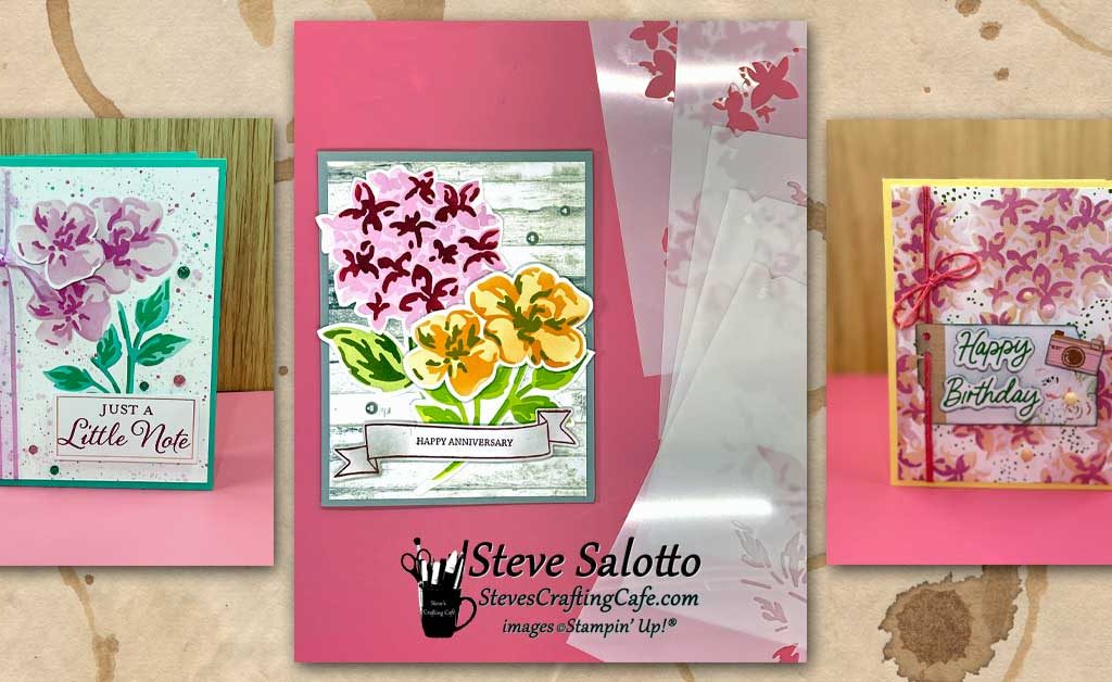 Three greeting cards with flowers on them and the sentiments, "Just a Little Note," "Happy Anniversary," and "Happy Birthday."