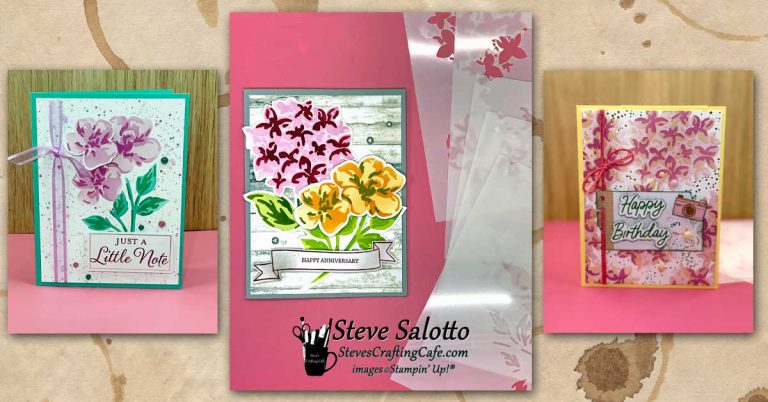 Three greeting cards with flowers on them and the sentiments, "Just a Little Note," "Happy Anniversary," and "Happy Birthday."