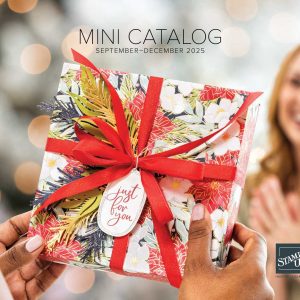 A holiday themed, gift-wrapped present with text above it that reads, "Mini Catalog September-December 2025"