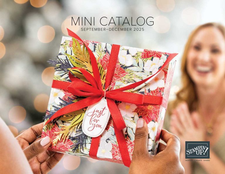 A holiday themed, gift-wrapped present with text above it that reads, "Mini Catalog September-December 2025"