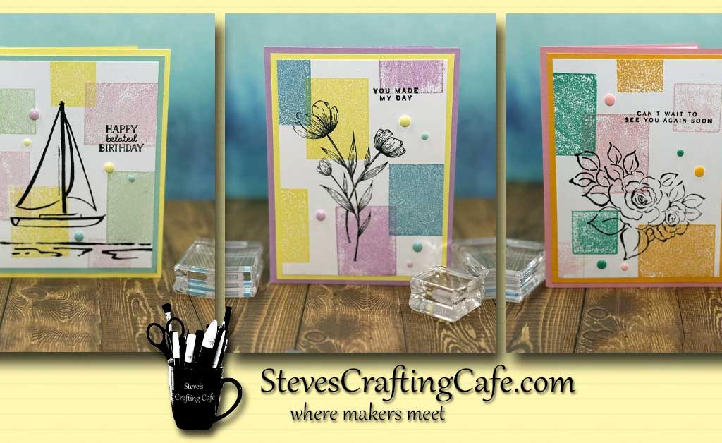 Three greeting cards with multi-colored blocks on the backgrounds.