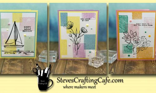 Three greeting cards with multi-colored blocks on the backgrounds.
