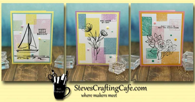 Three greeting cards with multi-colored blocks on the backgrounds.