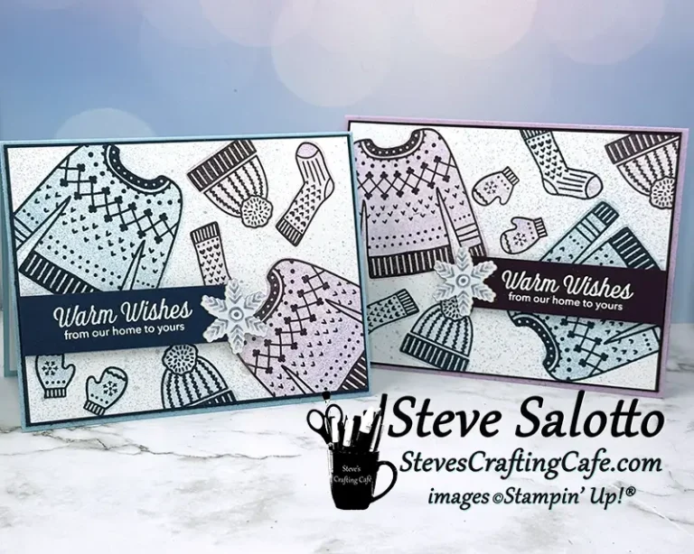 2 greeting cards with stamped images of sweaters, hats, socks and mittens. Sentiments read, "Warm Wishes from our home to yours."