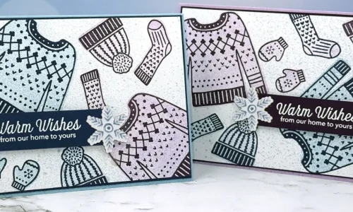 2 greeting cards with stamped images of sweaters, hats, socks and mittens. Sentiments read, "Warm Wishes from our home to yours."