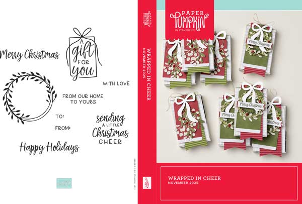 A DVD case insert with photos of gift card holders on front and images of stamps on the back, with sentiments that include, "Merry Christmas" and "Happy Holidays."