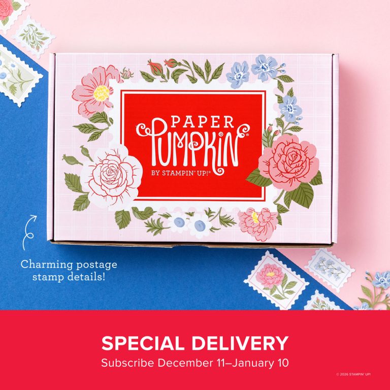 A box with flowers on it reads, "Paper Pumpkin by Stampin' Up!" Below is text that reads, 'Special Delivery."