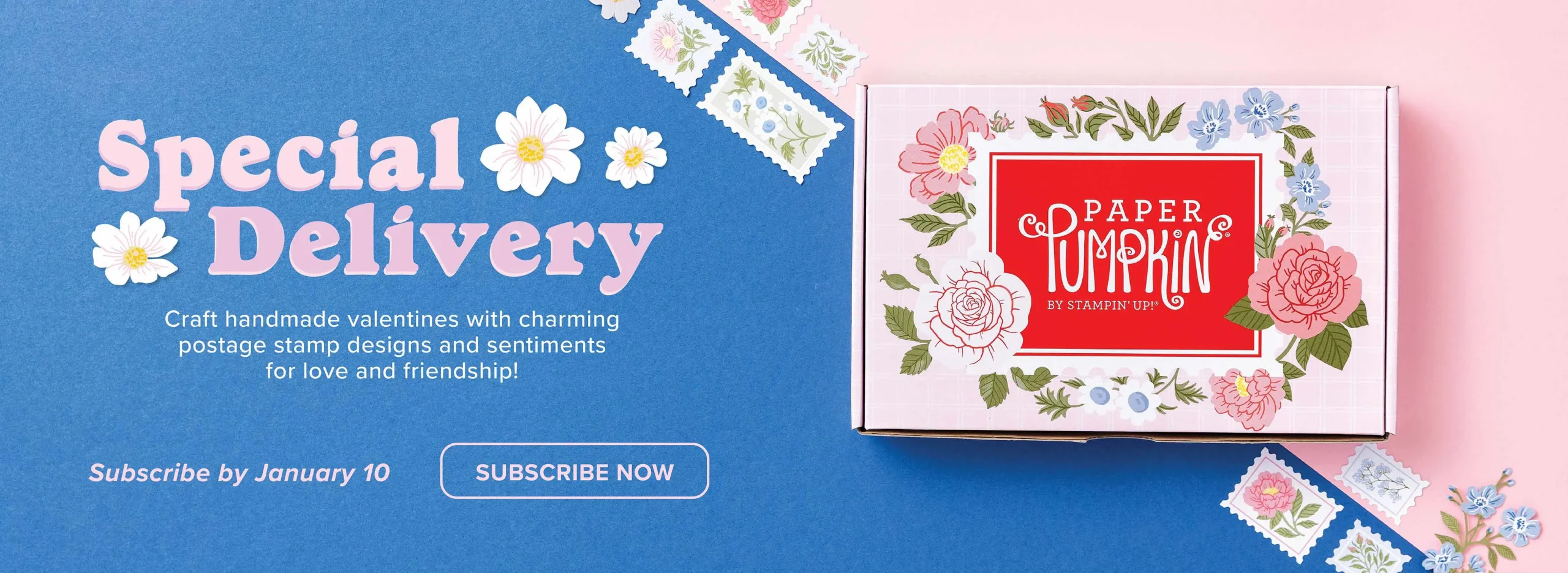 A box with flowers on it says, "Paper Pumpkin by Stampin' Up! Text reads 'Special Delivery."