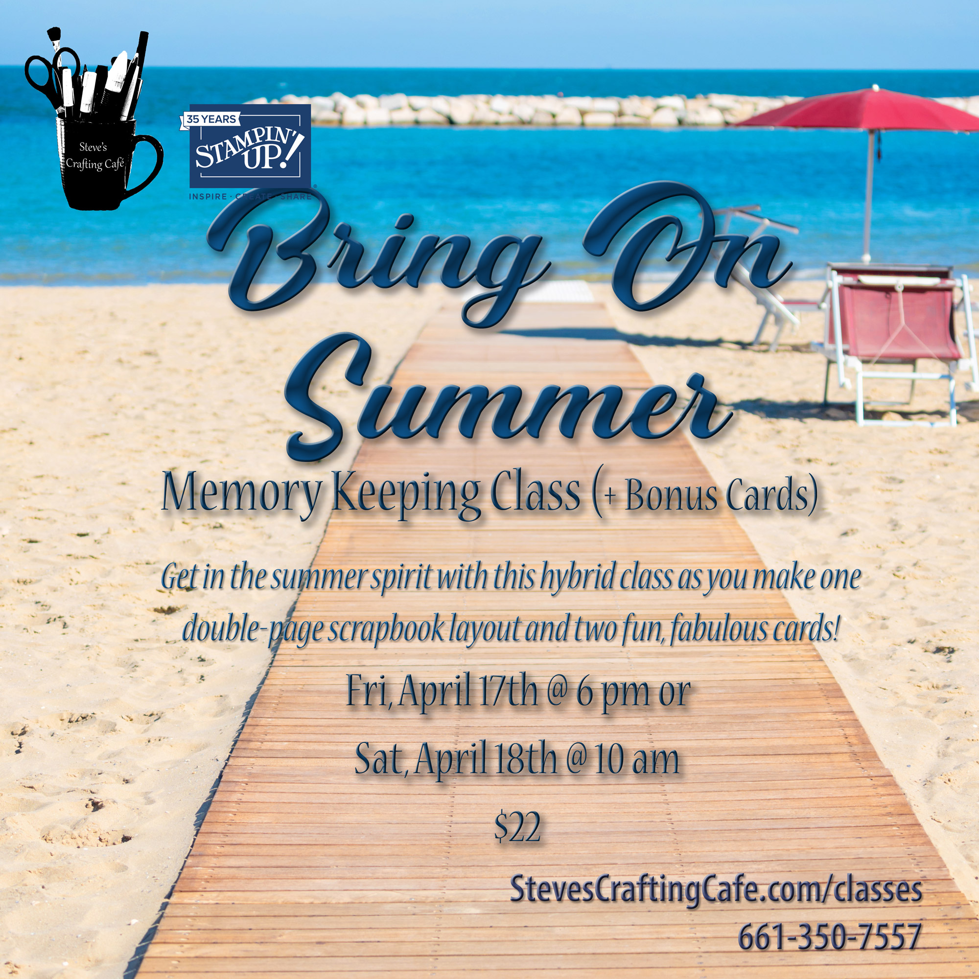 A boardwalk leading out into the ocean with text that reads, "Bring On Summer. Memory Keeping Class."