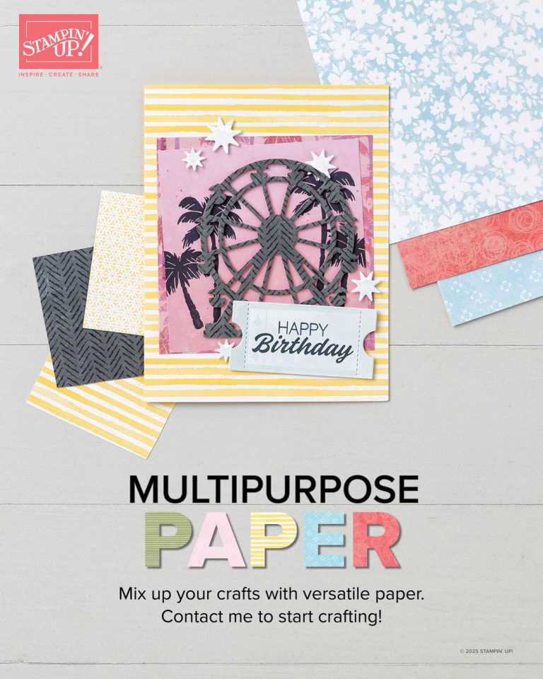 Sheets of Scrapbooking paper with a Ferris Wheel die cut atop them sit above the words, "Multipurpose Paper."