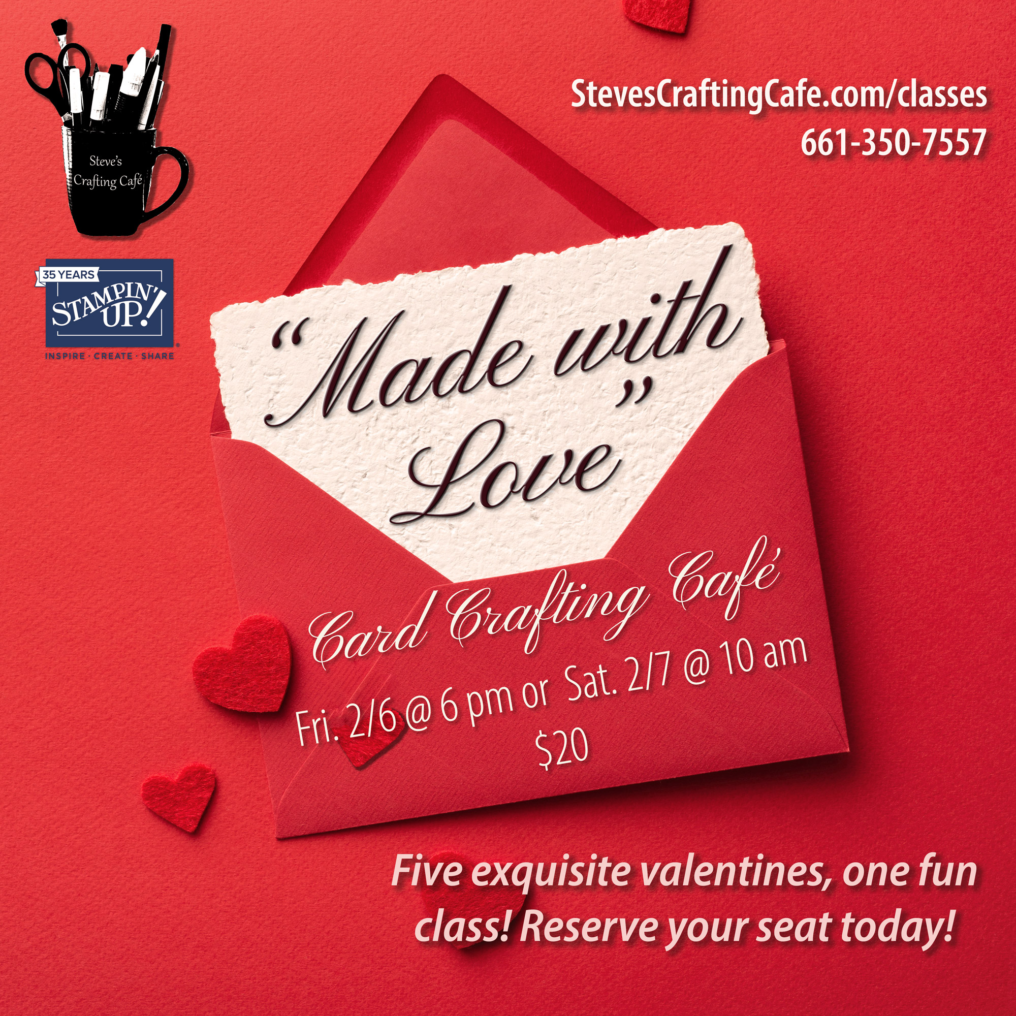 A red envelope on a red background with a letter partially sticking out reading, "Made With Love. Card Crafting Café"