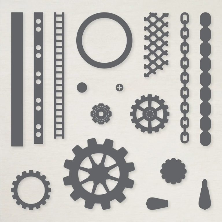 Drawings of gears and textures like chain link and mesh.